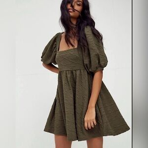 Free People Violet Mini Dress in olive green XS puffed sleeves casual free-est